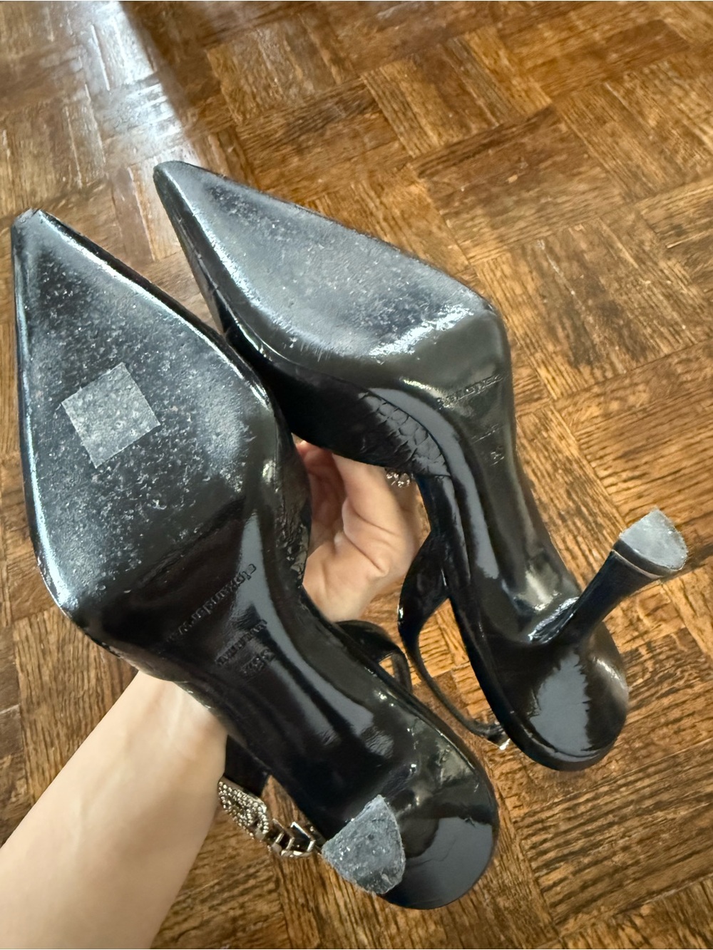 Alexander Wang Black Patent Croc-Embossed Slingback Heels with Crystal Strap - Picture 7 of 7